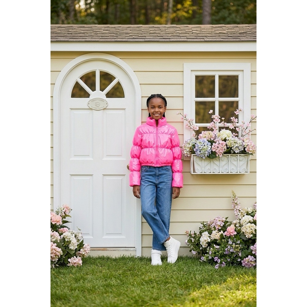 AtxyxtA Kids Neon Pink‎ Shiny Puffer Jacket Cropped Bubble Sleeve XL Barbiecore